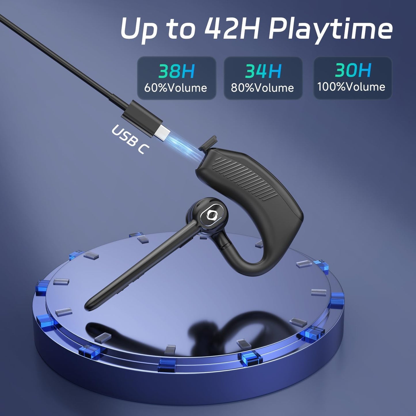Wireless Headset Bluetooth Earpiece with Dual Noise Canceling Microphone Hands Free Headphones Single Ear Earphone Over Ear Earbud for iPhone Samsung