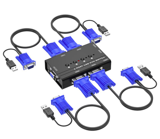 VGA KVM Switch, Yinker 4 Port USB VGA KVM Switch w/4 KVM Cables & 3 USB Hubs for 4 Computers Share One Monitor Keyboard Mouse