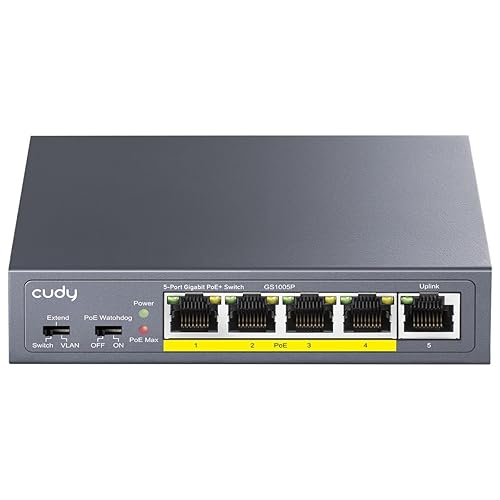 Cudy GS1005P 5 Port Gigabit PoE Switch, 4 PoE+ @60W, Desktop/Wall, Plug and Play, Sturdy Metal w/ Shielded Ports, Fanless, Traffic Optimization