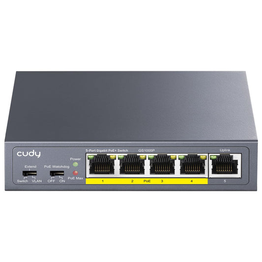 Cudy GS1005P 5 Port Gigabit PoE Switch, 4 PoE+ @60W, Desktop/Wall, Plug and Play, Sturdy Metal w/ Shielded Ports, Fanless, Traffic Optimization