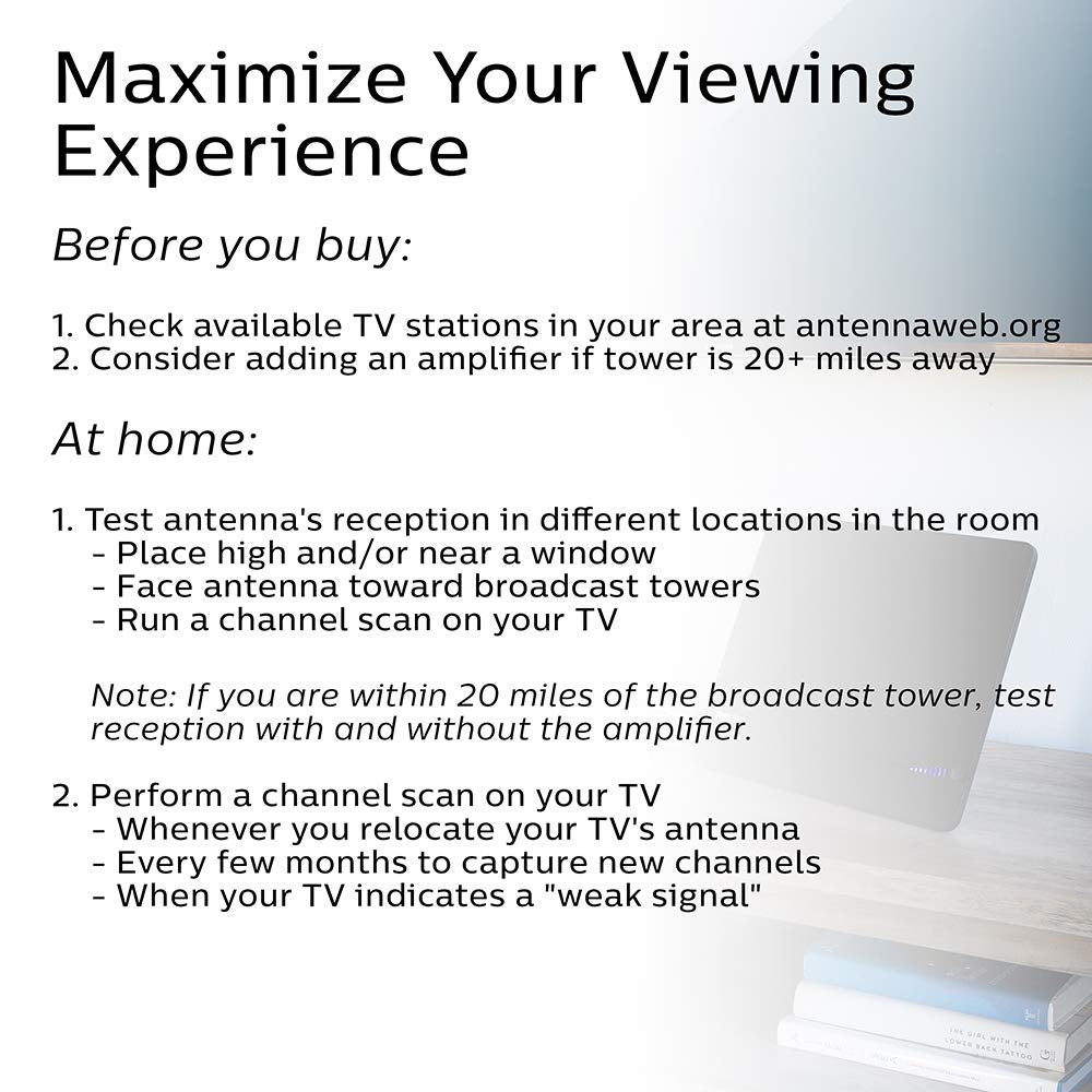 Philips Elite Channel Finder Indoor TV Antenna, Long Range Antenna, Signal Booster Amplifier, Digital, HDTV, Smart TV Compatible, 4K 1080P VHF UHF, 10