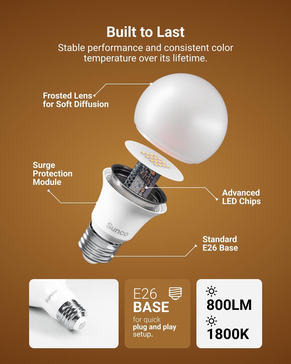Sunco A19 LED Light Bulb, E26, 9W=60W, 1800K Amber Glow, Dimmable, 4 Pack