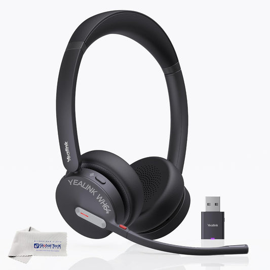 Yealink WH64 Hybrid Wireless Headphones DECT & Bluetooth Duo, UC Certified, For PC, Laptop & Mobile, USB-C Dongle, 150m Range, 32H Talk Time, 3-Mic…