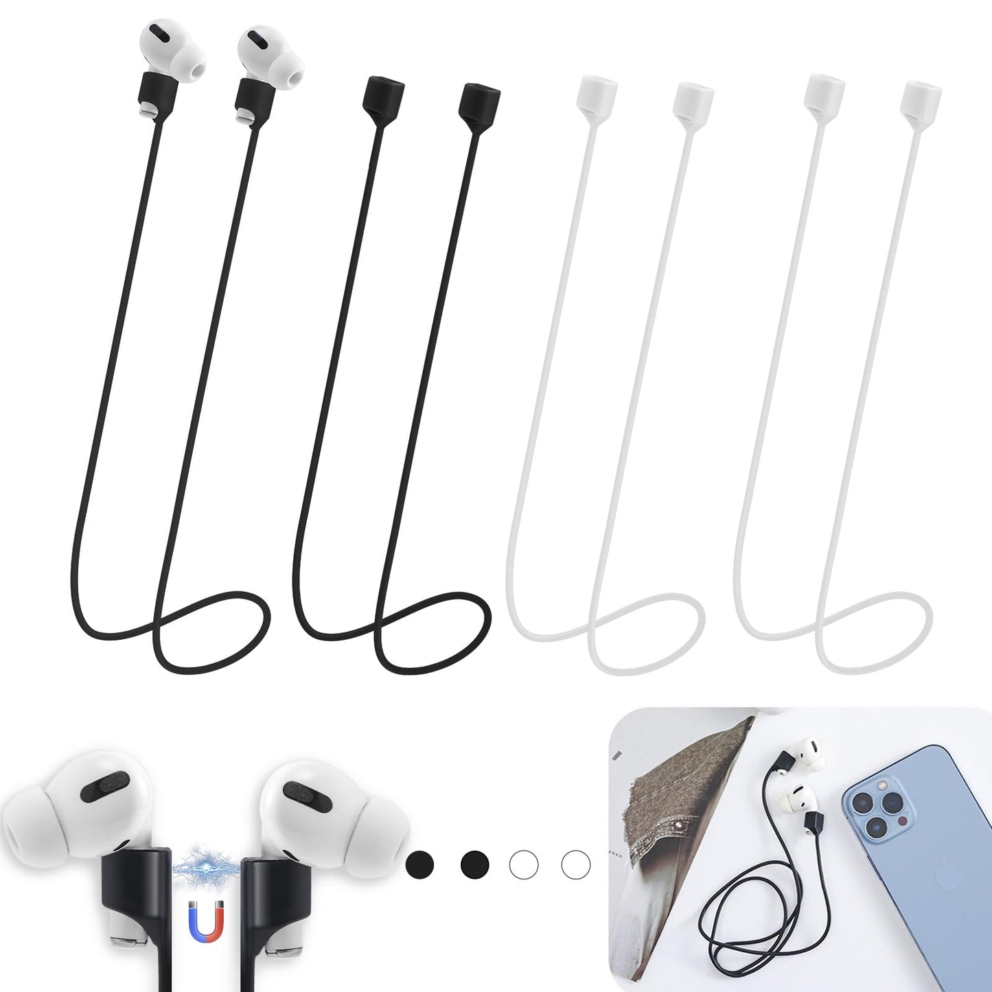 Magnetic Anti-Lost Straps for AirPods,4 Pack Ultra Strong Magnetic AirPods Strap Anti-Lost Neck Rope Cord,Soft Silicone Sports Lanyard Compatible