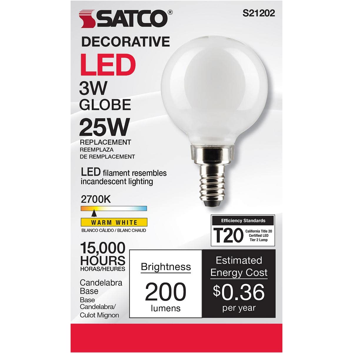 Satco 3-Watt LED E12 Light Bulb, 2700K, 15000 Hour Rating, Dimmable