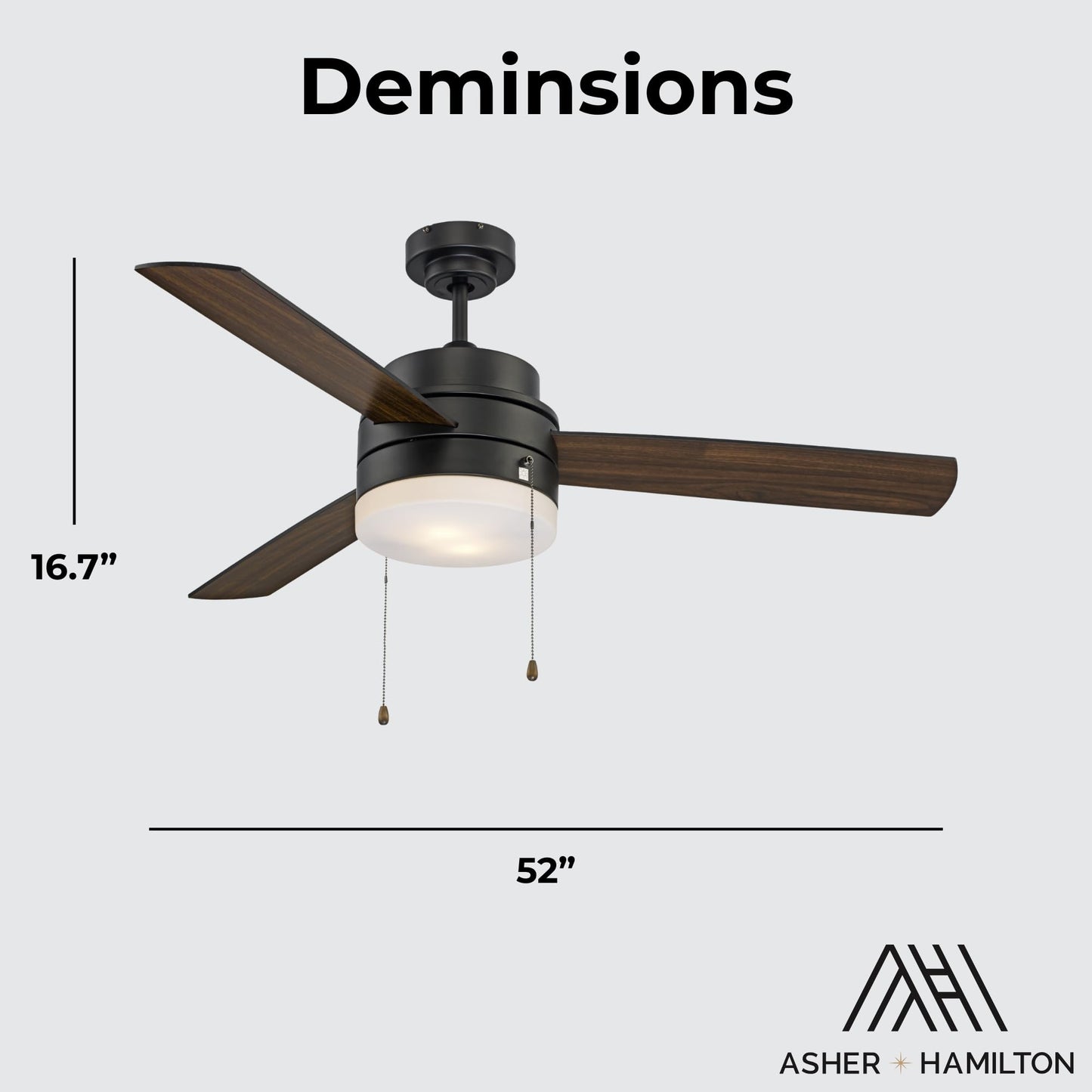Asher Hamilton AHF-216BK Angle 52 Inch Indoor Ceiling Fan | 3 Blade Configuration | Requires E26 Medium Base Bulbs | Dry Rated | Frosted Glass Shade |