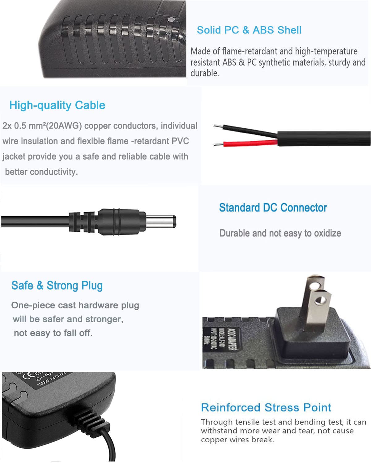 24v DC Power Supply 1A 24W AC Adapter 100v-240v AC to DC 24v 1a Power Cord with 5.5mmx2.5mm Plug for dc 24v1a led Strip Lights