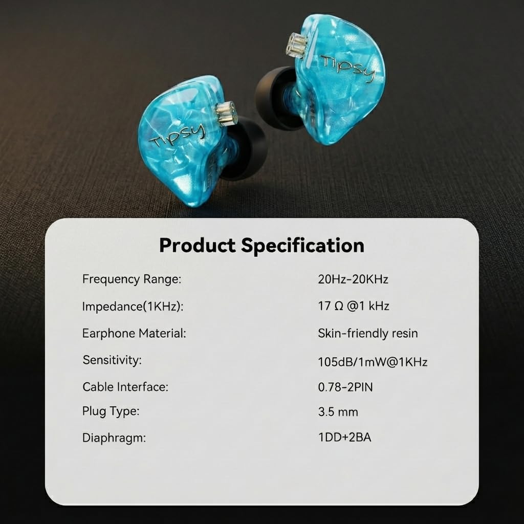 TipsyAuthen Tipsy M3 Professional IEM for Musicians, 2BA + 1DD Drivers, 36dB PNC, IPX5, Acoustic-Runway™ Technology, Skin-Friendly Resin, Detachable