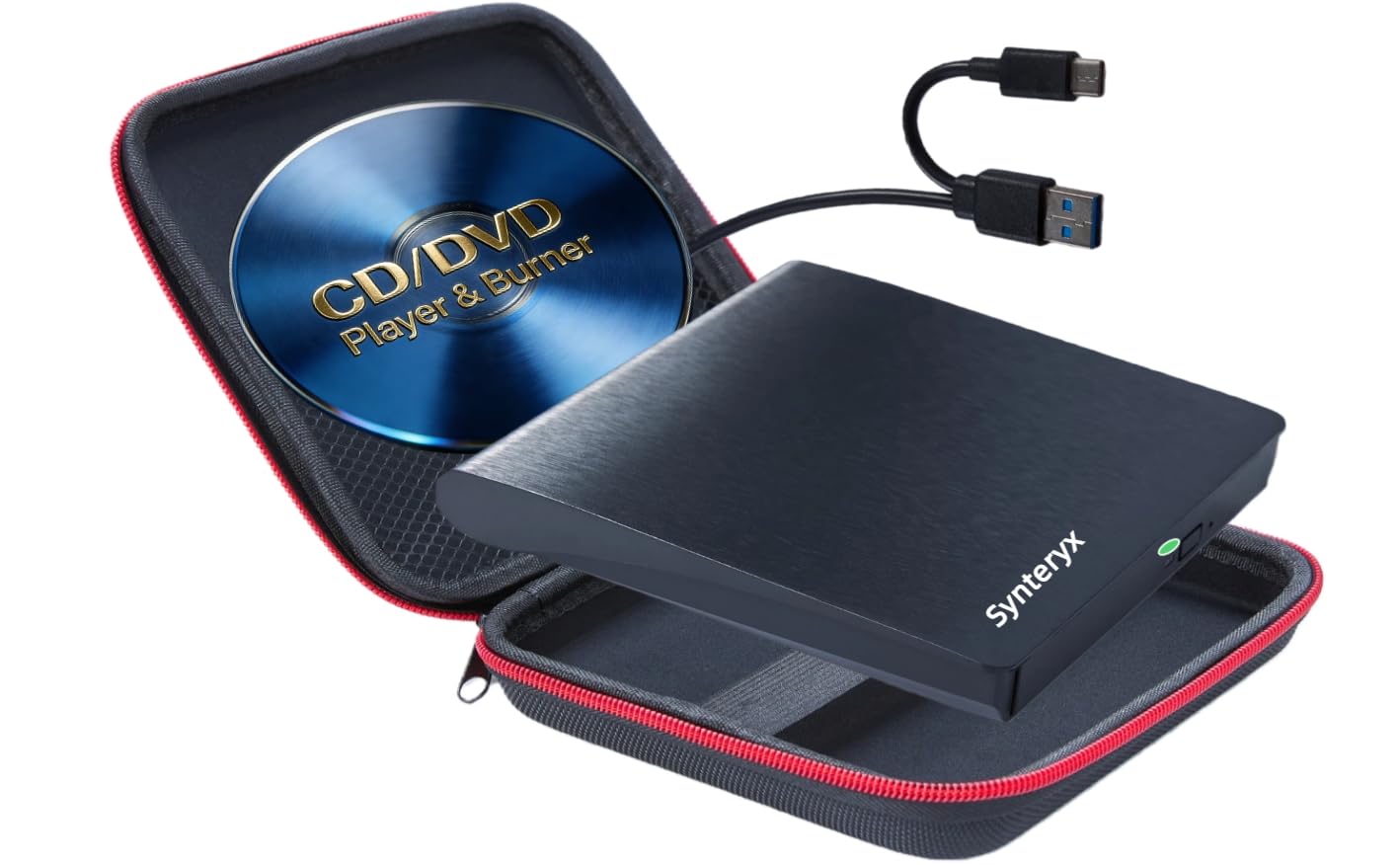 Synteryx External CD DVD Drive USB and Type-C, Portable Slim CD/DVD +/-RW Burner Reader Writer Player for Laptop Desktop PC Mac Windows Linux OS Apple
