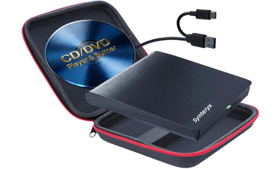 Synteryx External CD DVD Drive USB and Type-C, Portable Slim CD/DVD +/-RW Burner Reader Writer Player for Laptop Desktop PC Mac Windows Linux OS Apple