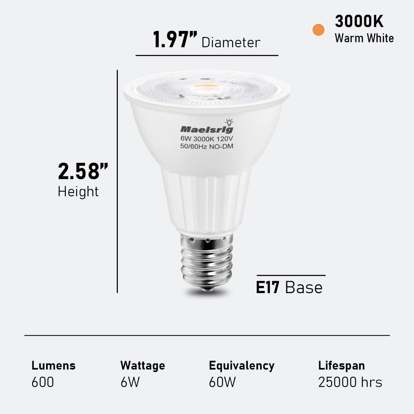 Maelsrlg E17 LED Bulb 6W(60 Watt Equivalent), Intermediate Base Spotlight Bulb, Warm White 3000K, 600 Lumen, E17 Reflector R14 Bulb for Curio Cabinet