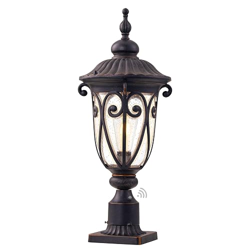 GOALPLUS 24 Inch High Outdoor Post Light Fixture with Dusk to Dawn Sensor, Bronze Post Lantern with Pier Mount, Exterior Pole Lighting with Seeded