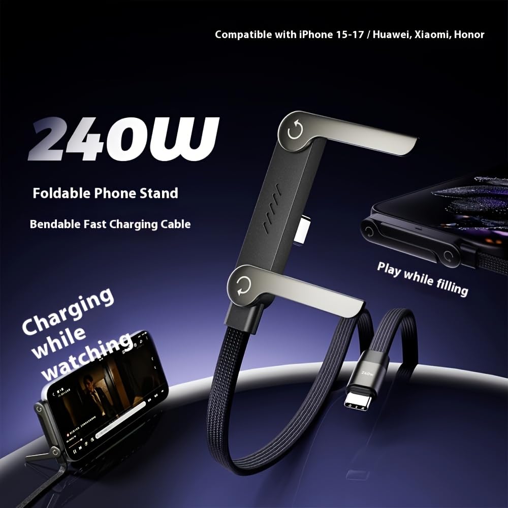 Konstreet 2-in-1 Invisible Stand Fast Charging Cable 240W Type-C Braided Fast Charging Cable Built-in Phone Stand 2 in 1 Phone Holder Cable