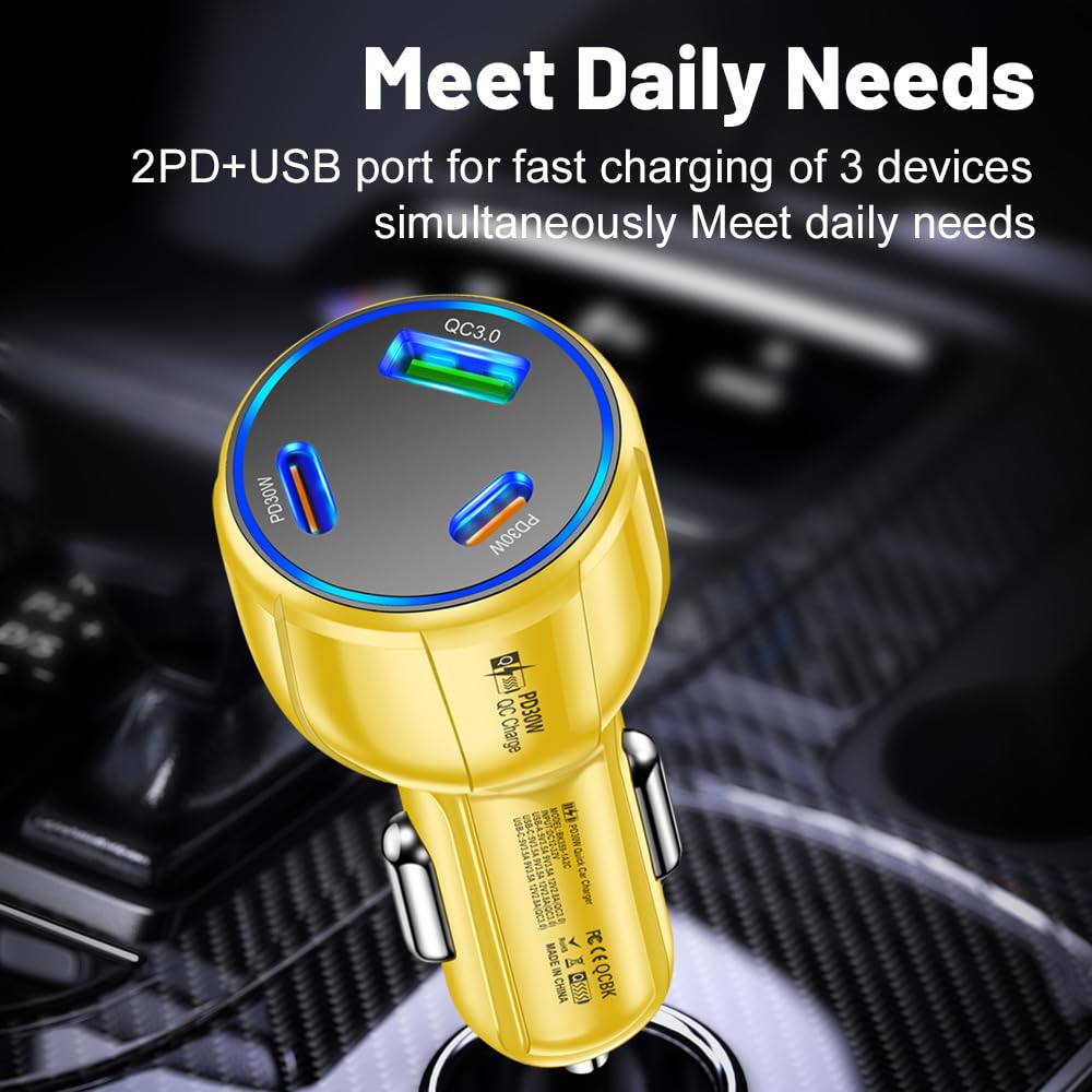 3-Port 90W USB C Car Charger, PD30W & QC3.0 Fast Car Charger Cigarette Lighter Plug Adapter for iPhone/Android/Samsung/iPad (Yellow)