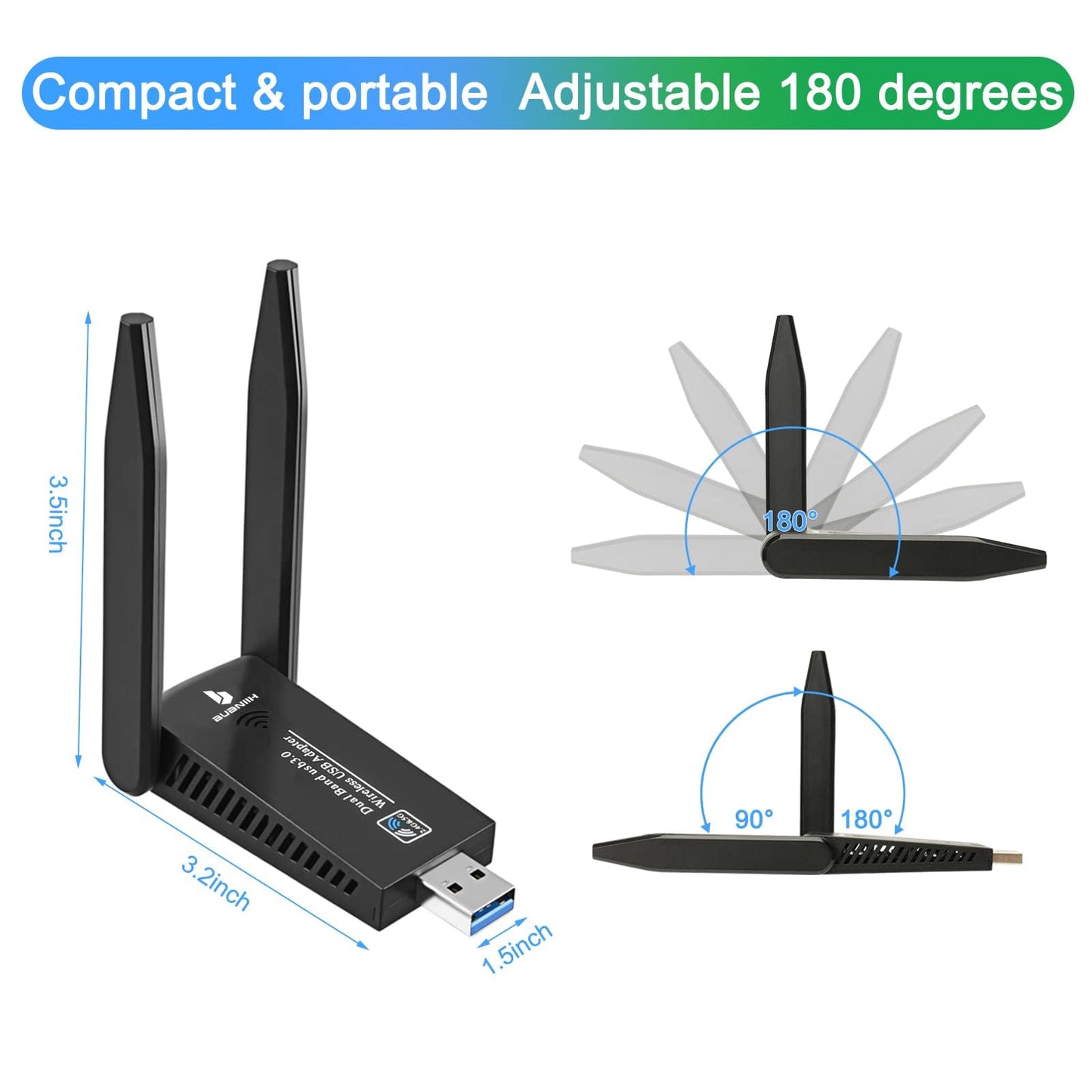 WiFi Adapter for Desktop PC,USB WiFi Adapter,1300Mbps Dual 5Dbi Antennas,Support 2.4G&5G Network,802.11AC Compliant,USB 3.0,Support Win10/8/7/XP, Mac