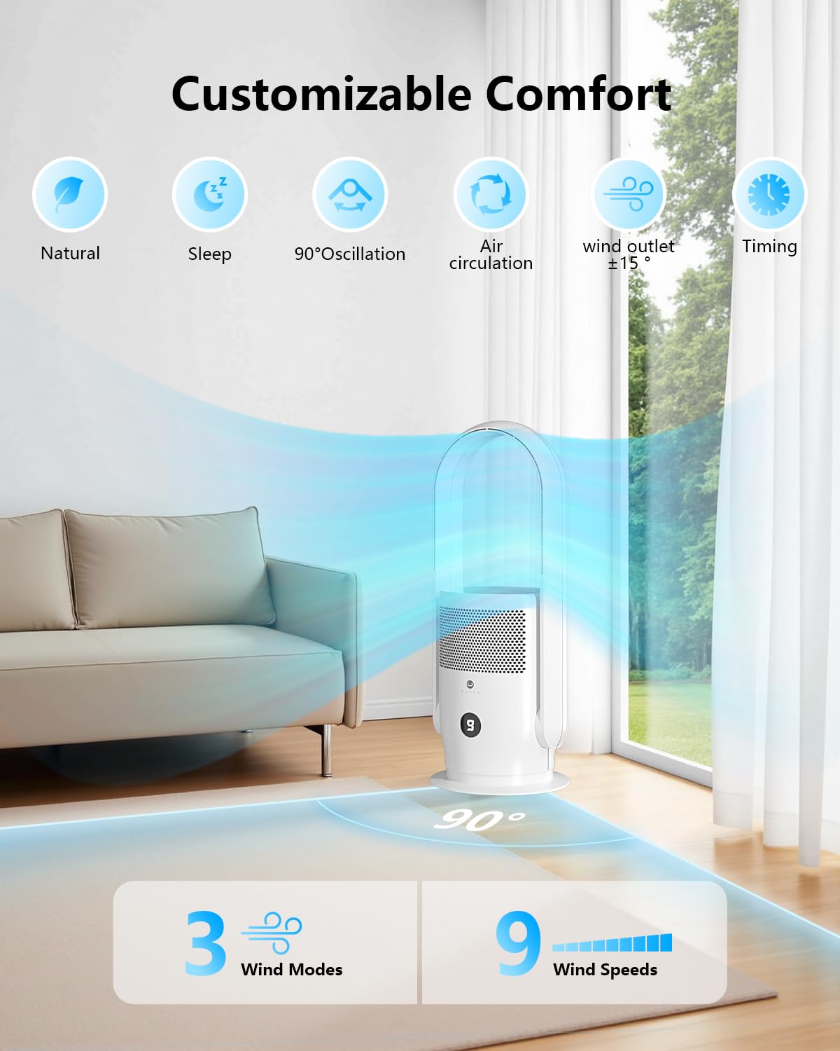 ULTTY Bladeless Tower Fan and Air Purifier Combo, Quiet Oscillating Fan with Remote & Touch Control, 9 Speeds, 8H Timer, HEPA Air Filter, Safe Floor