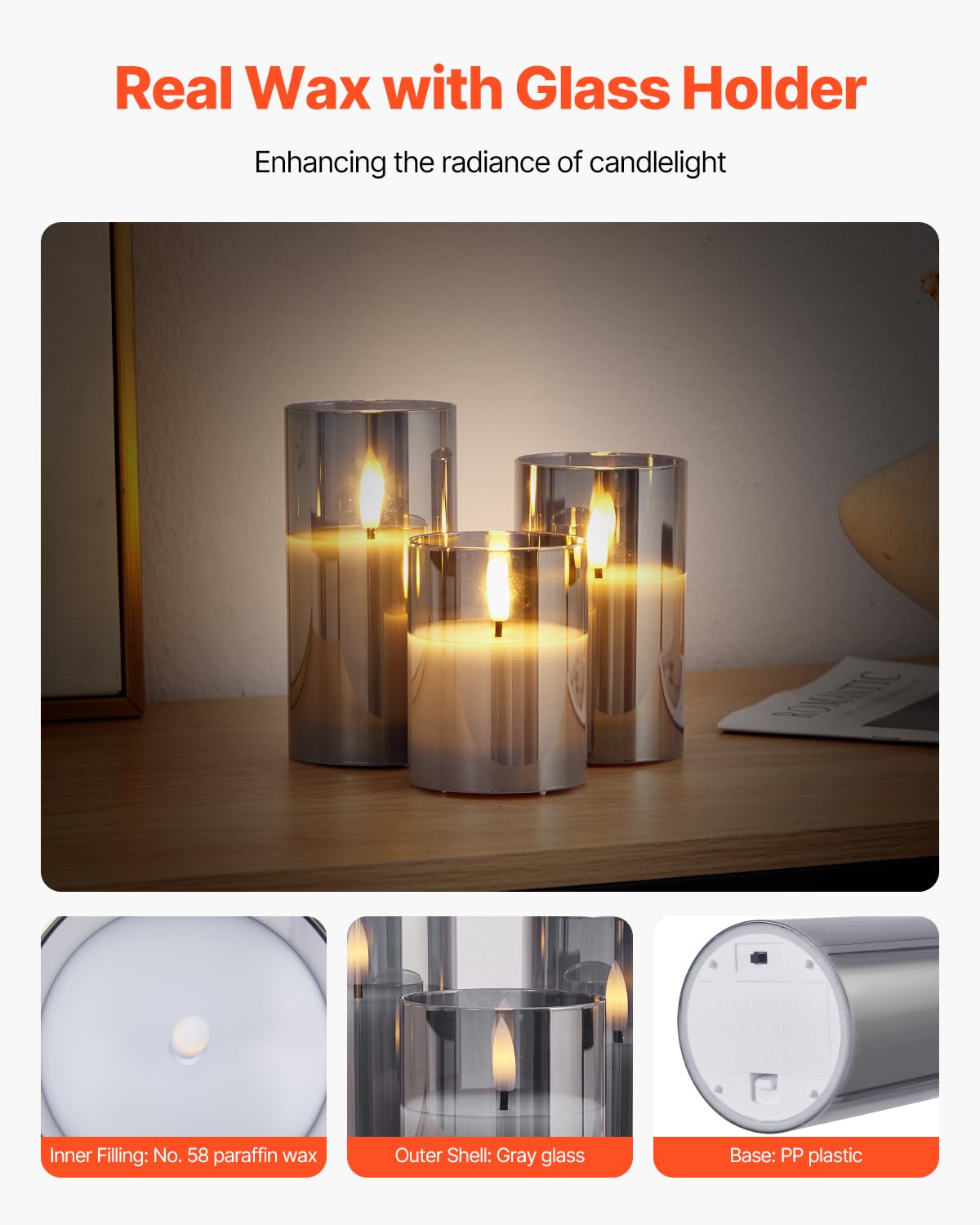 VEVOR Gray Flickering Flameless Candles, Set of 3 Battery Operated Flameless Led Candles with 10-Key Remote and Timer, Real Wax & Warm Color