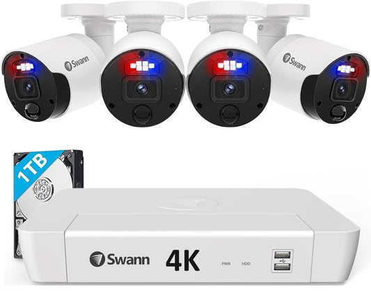 Swann Pro 4K Ultra HD, 8 Channel Security System, 1TB NVR, 4 Bullet PoE IP Cameras Outdoor, Wired Surveillance CCTV, Heat Motion Vehicle Detection