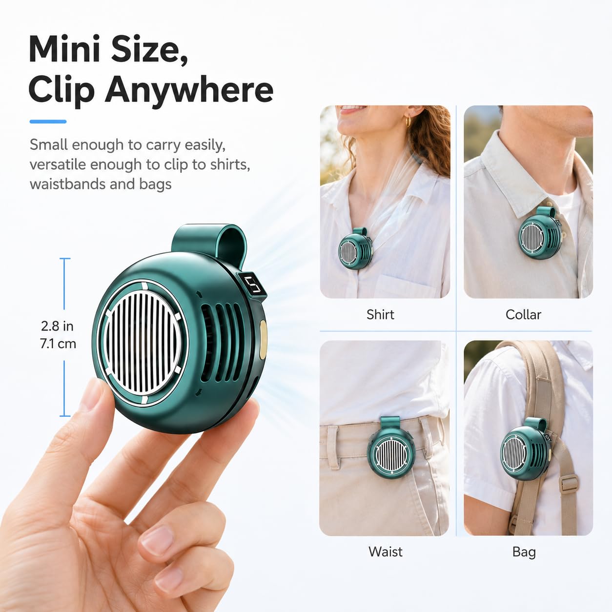 rmipwuab Portable Mini Bladeless Fan Clip On, Upgraded Hands-Free Personal Silent Cooling Fan with LED Display, 5 Speeds, 360° Adjustable Airflow, USB