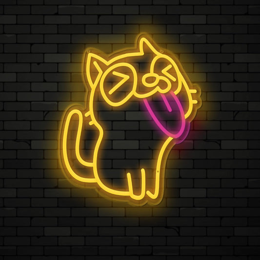 MelbDfei Cute Dimmable Neon Light Cat Wall Light with Heart Paw for Bedroom, Wall Decor, Gifts for Girls, Kids Room, or Cat Lovers (Tongue Out Cat)