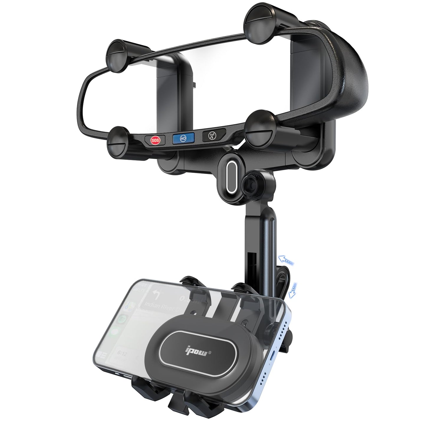 IPOW Large Rearview Mirror Phone Holder for Car 360°Rotatable and Retractable, 2024 Upgraded Four Corners Fixed Anti-Shake Multifunctional Design