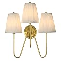 Electro bp; Elegant Triple Sconce Polished Gold Curved Metal Arm with Warm White Pleated Fabric Lamp Shades Brocade Cover Wall Light Fixture,E12,3
