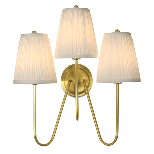 Electro bp; Elegant Triple Sconce Polished Gold Curved Metal Arm with Warm White Pleated Fabric Lamp Shades Brocade Cover Wall Light Fixture,E12,3