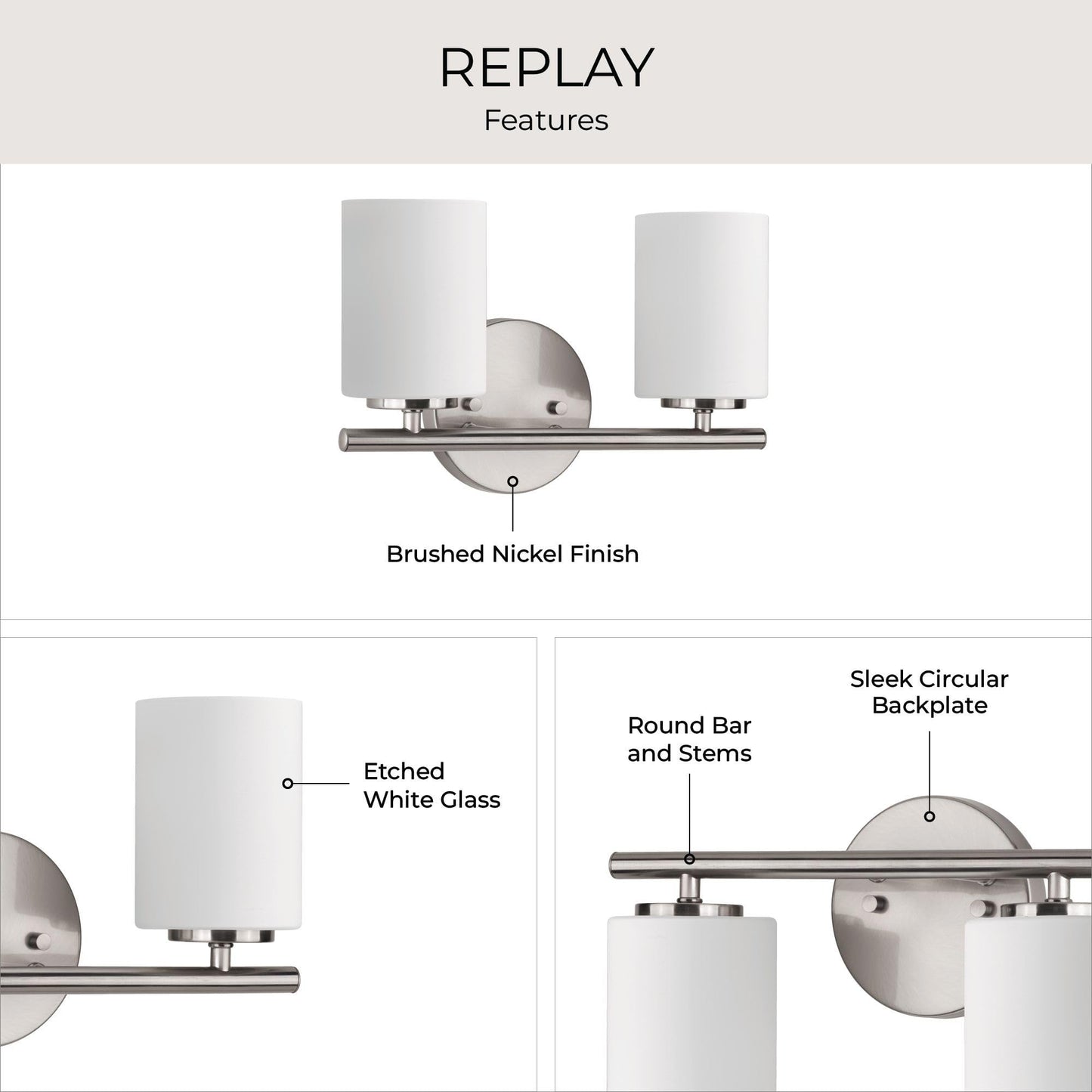 Replay Collection 2-Light Etched White Glass Modern Bath Vanity Light Brushed Nickel