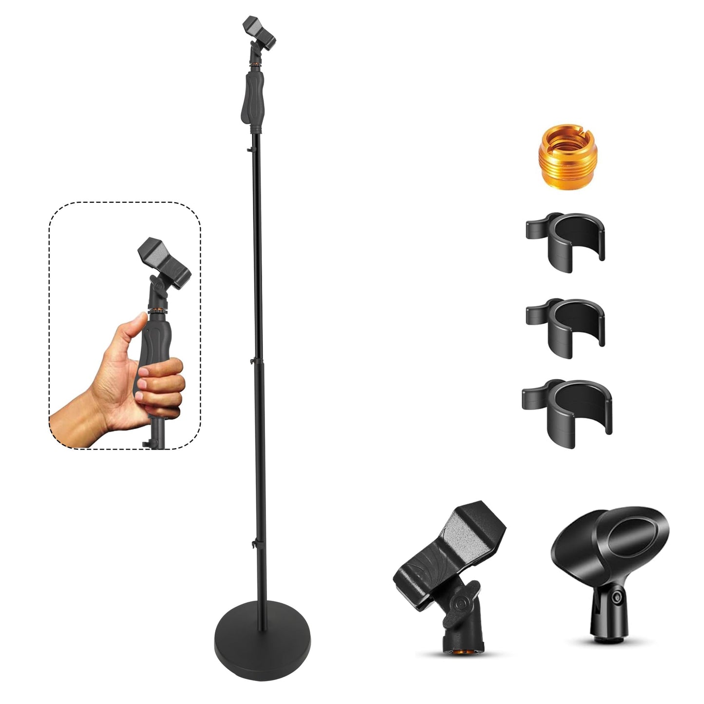 5 Core Microphone Stand Universal Floor Height Adjustable 35 to 57" Round Base Quick Setting Lock-Tight Knob w 5/8 Thread Adapter 2 Mic Holder 3 Wire