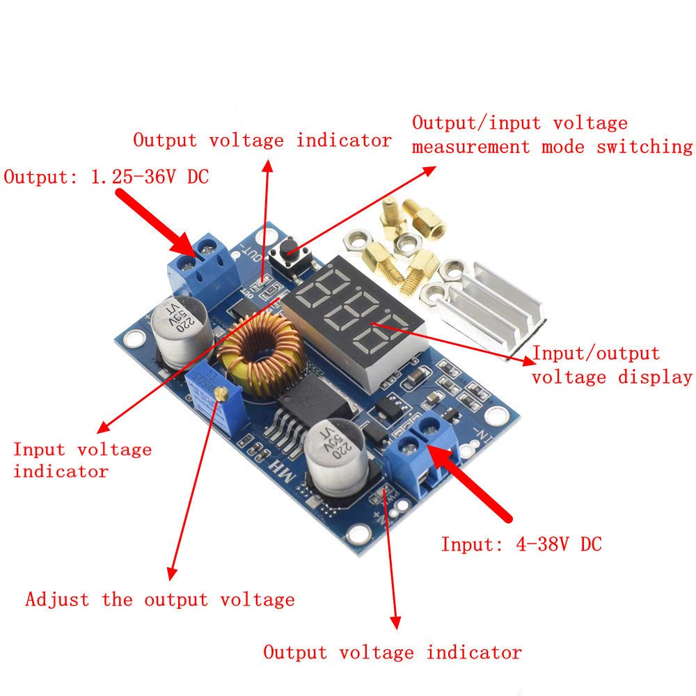 HiLetgo 5A 75W DC-DC Step Down Power Module XL4015 Adjustable with LED Voltmeter Free Pillars