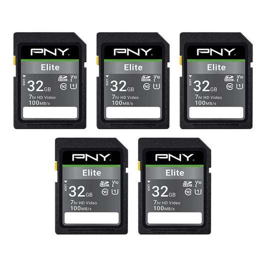 PNY 32GB Elite Class 10 U1 V10 SDHC Flash Memory Card - 100MB/s Read, Class 10, U1 Full HD, UHS-I, Full Size SD (Pack of 5)