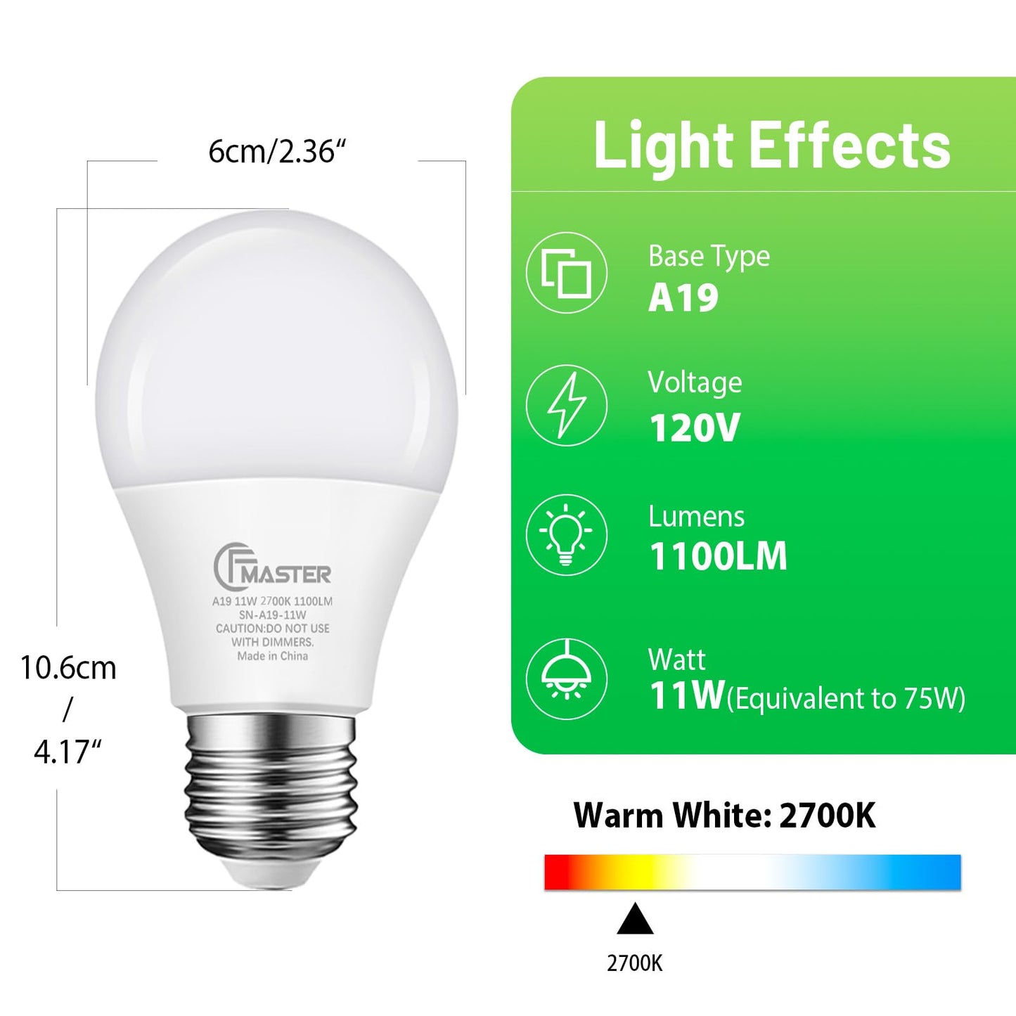 JIANGSILING A19 LED Light Bulb, 75W Equivalent LED Bulb, 11W 2700K Warm White, 1100 Lumens, Non-Dimmable Light Bulbs, CRI 85+, No Flicker E26 Base