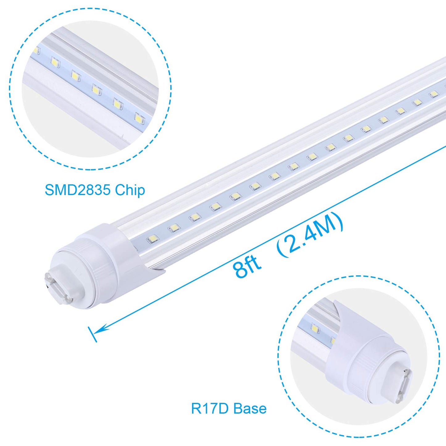 R17D/HO 8FT LED Shop Bulb, Rotating Base LED Tube Light, 6000K Clear Lens, Dual-Ended Power Bulb Lights, Non-dimmable, 2 Pin, Ballast Removed