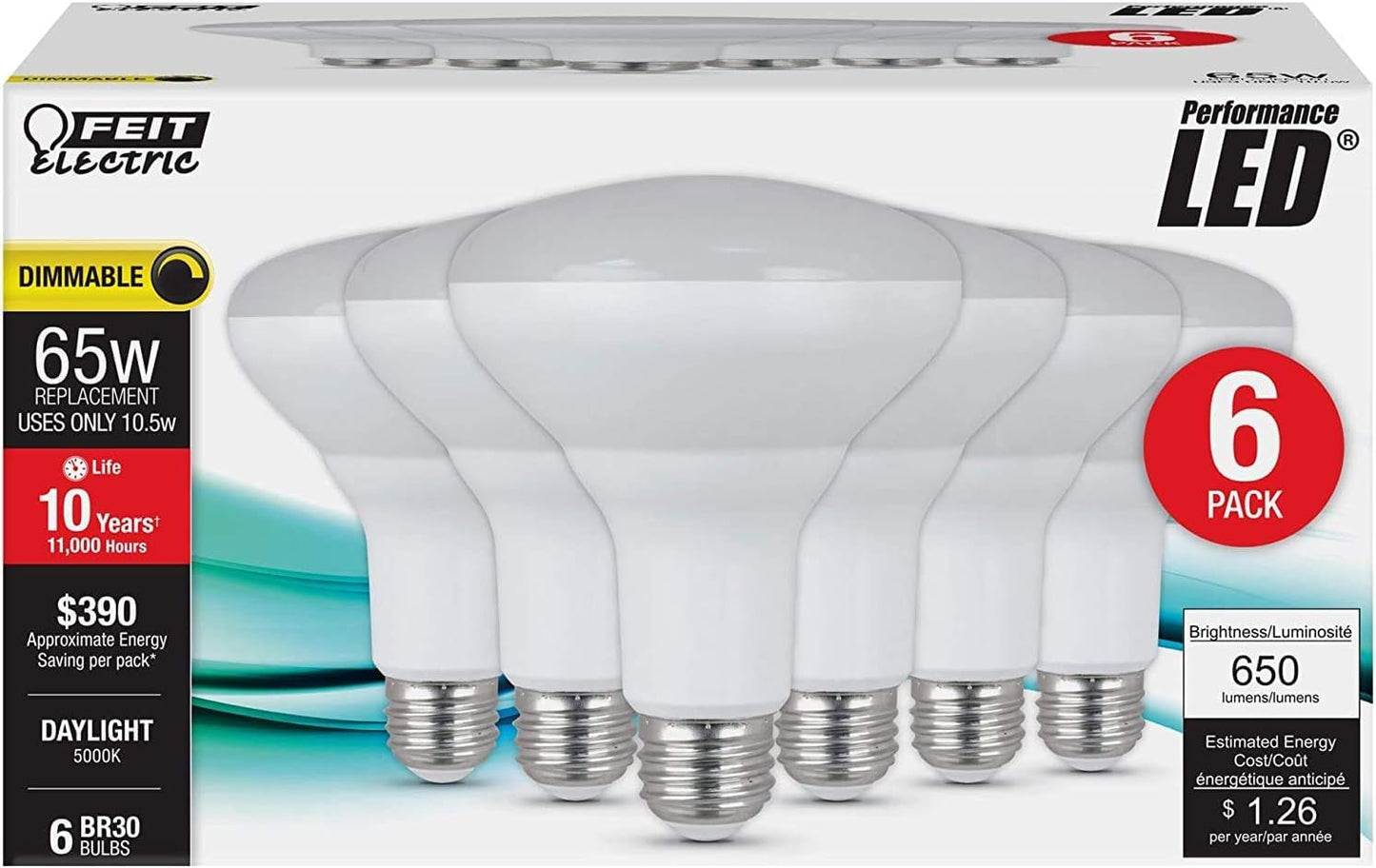 Feit Electric BR30DM/850/10KLED/6 LED Bulb, Flood/Spotlight, BR30 Lamp, 50 W Equivalent, E26 Lamp Base, Dimmable