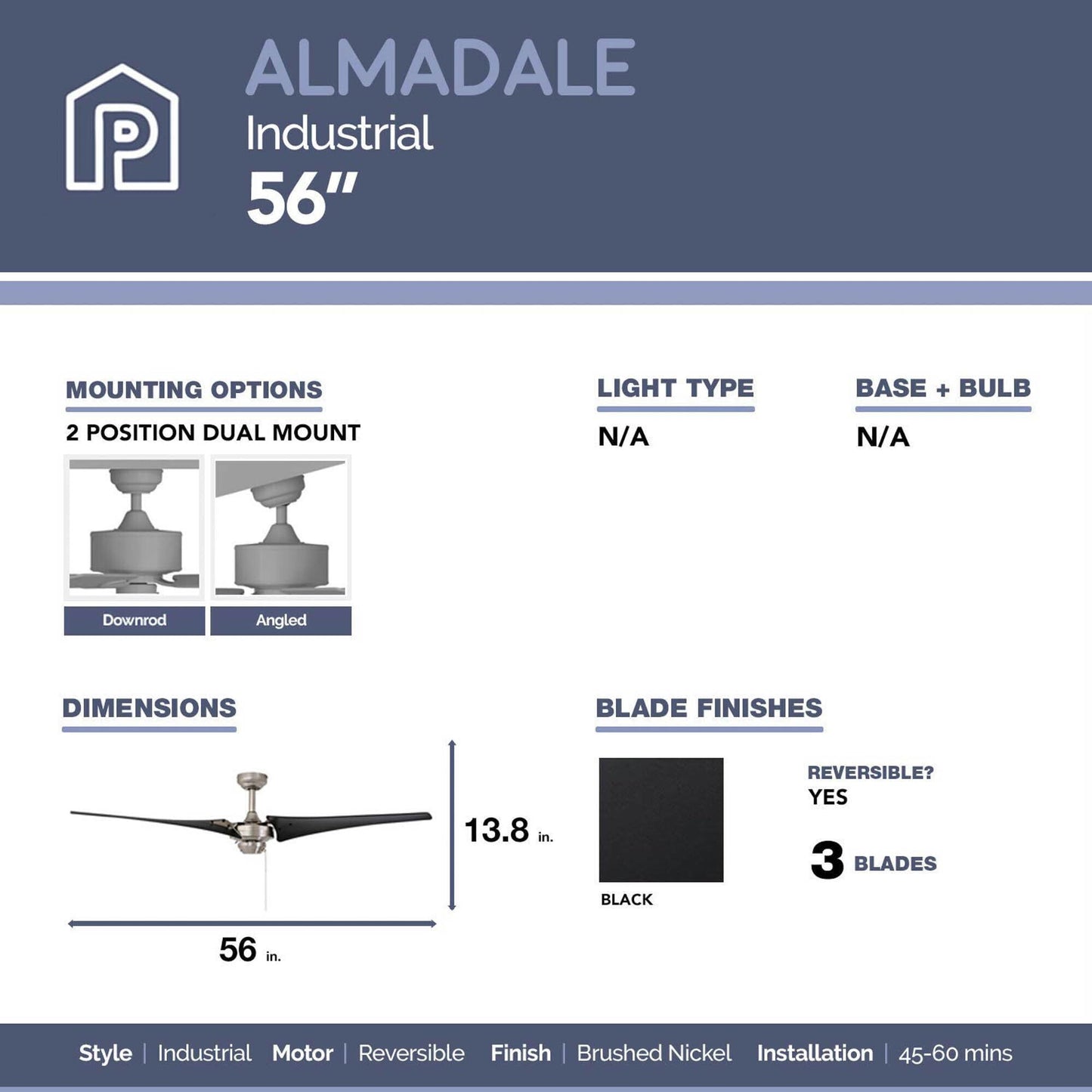 Prominence Home Almadale, 56 Inch Contemporary Indoor Ceiling Fan with No Light, Pull Chain, Modern High Performance Blades, Reversible Motor
