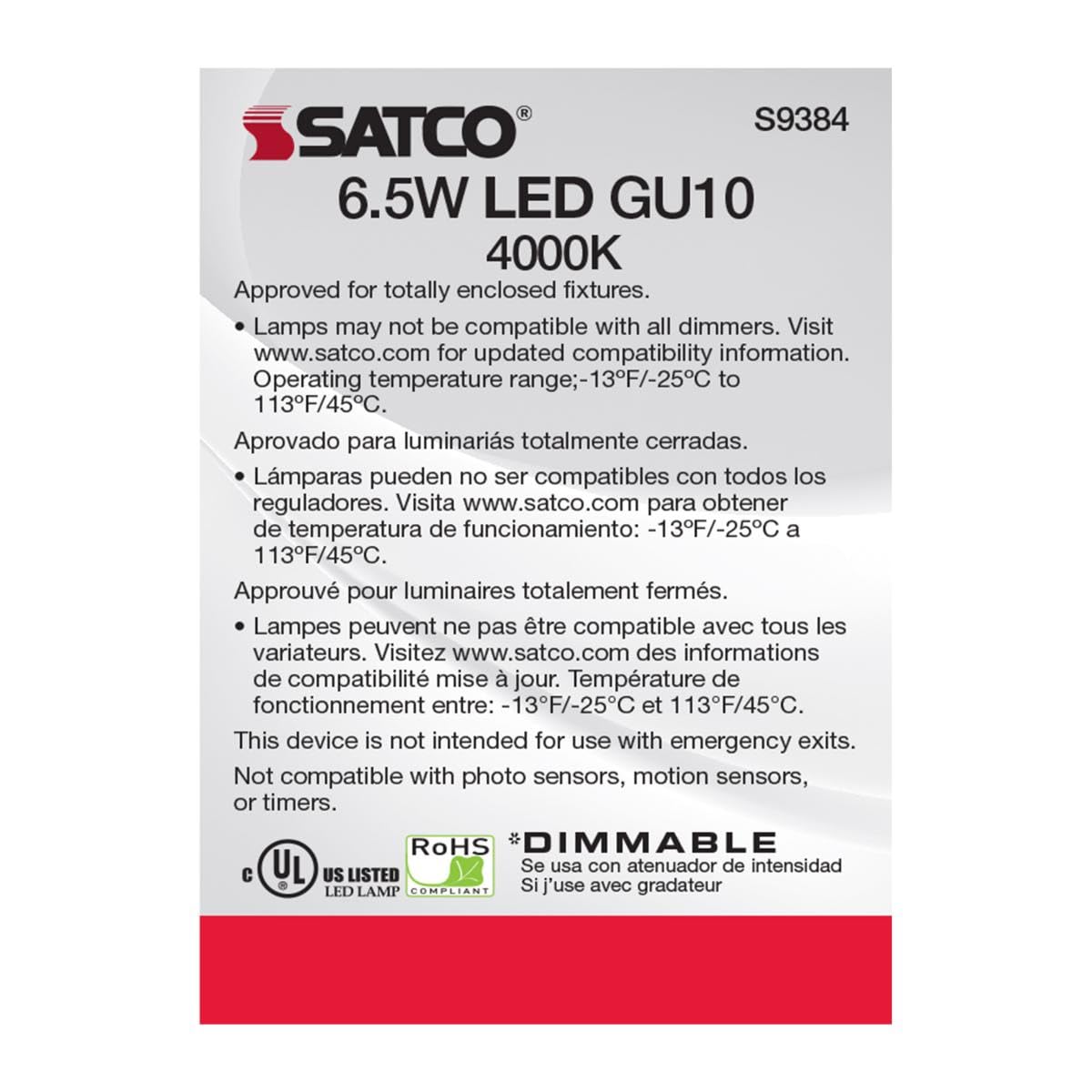 Satco 6.5 Watt LED MR16 Reflector Light Bulb, 4000K Cool White, 500 Lumen, 40 Deg. Beam Angle, GU10 Base, 120 Volt, Dimmable, White Finish (12 LED