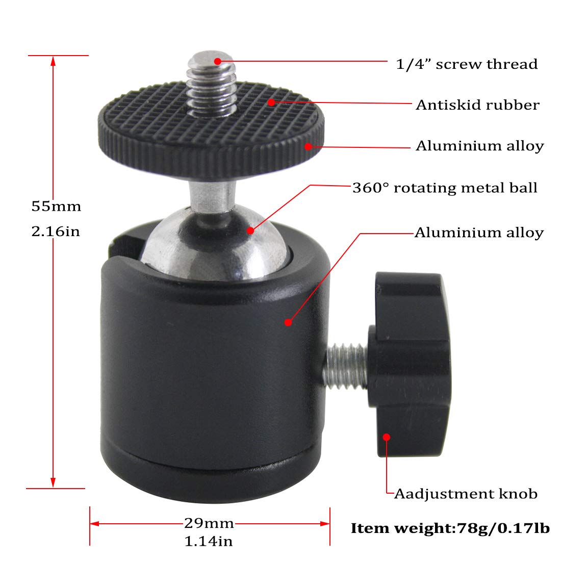 EXMAX 360 Degree Aluminum Alloy Body Rotating Swivel Mini Tripod Ball Head with 1/4" Screw Thread Base Mount for Lighter DSLR Camera Camcorder LED