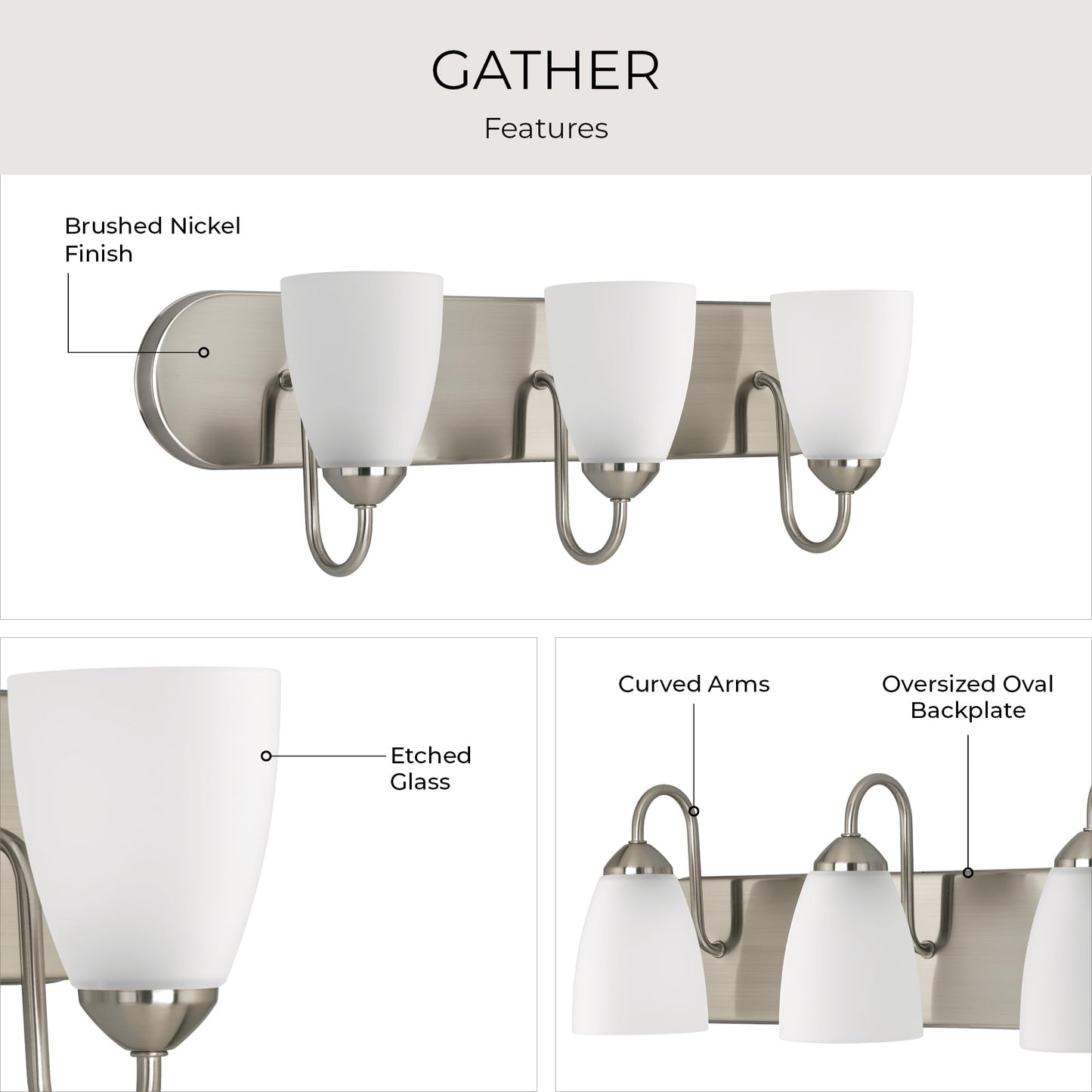 Progress Lighting Gather Collection 3-Light Etched Glass Traditional Bath Vanity Light Brushed Nickel