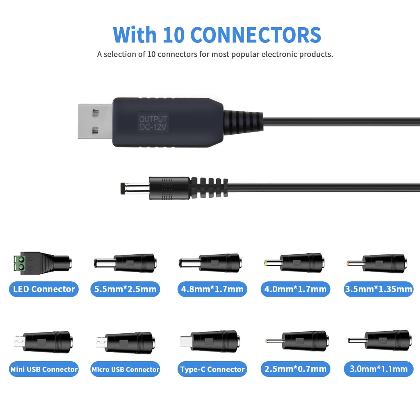 YiKaiEn 5V USB to 12V DC Charging Cable,Universal Power Cord for Toys,Watches,Fan,Speaker,Headset,Monitor,Table Lamp,Phones,LED Light Strip Router,DC