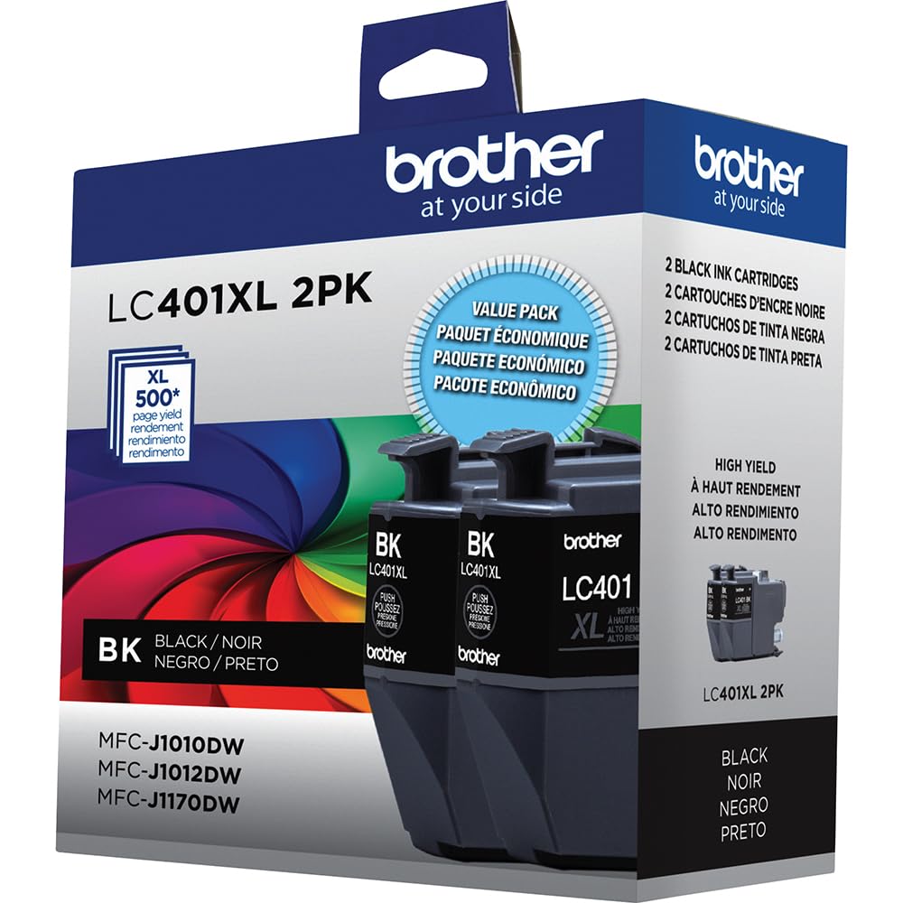 Brother Genuine LC401XL 2-Pack Black High Yield Ink Cartridge, Bundle with Deco Essentials Printer eBook for MFC-J1010DW, MFC-J1170DW