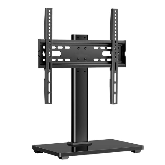 Universal 26-80" Tabletop TV Stand, 88 lb Steel & 8 mm Glass Base, 6-Level Height Snap, 10-Min No-Drill Install, VESA 100×100-400×400 mm