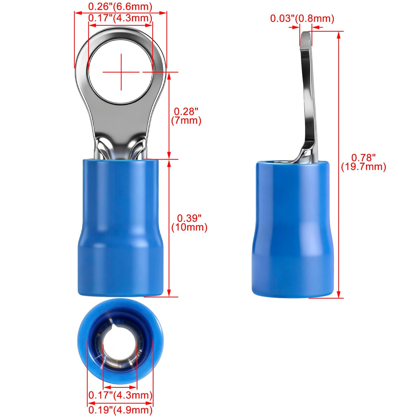 Heschen Ring Terminal Crimp Connectors Vinyl Insulated Wire Electrical Connector, RV2-4, Stud Size #8, for 1.5-2.5mm² (16-14 AWG), Blue, 100Pack