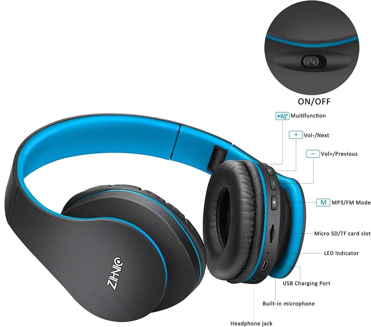 ZIHNIC Bluetooth Headphones Over-Ear, Foldable Wireless and Wired Stereo Headset Micro SD/TF, FM for Cell Phone,PC,Soft Earmuffs &Light Weight…