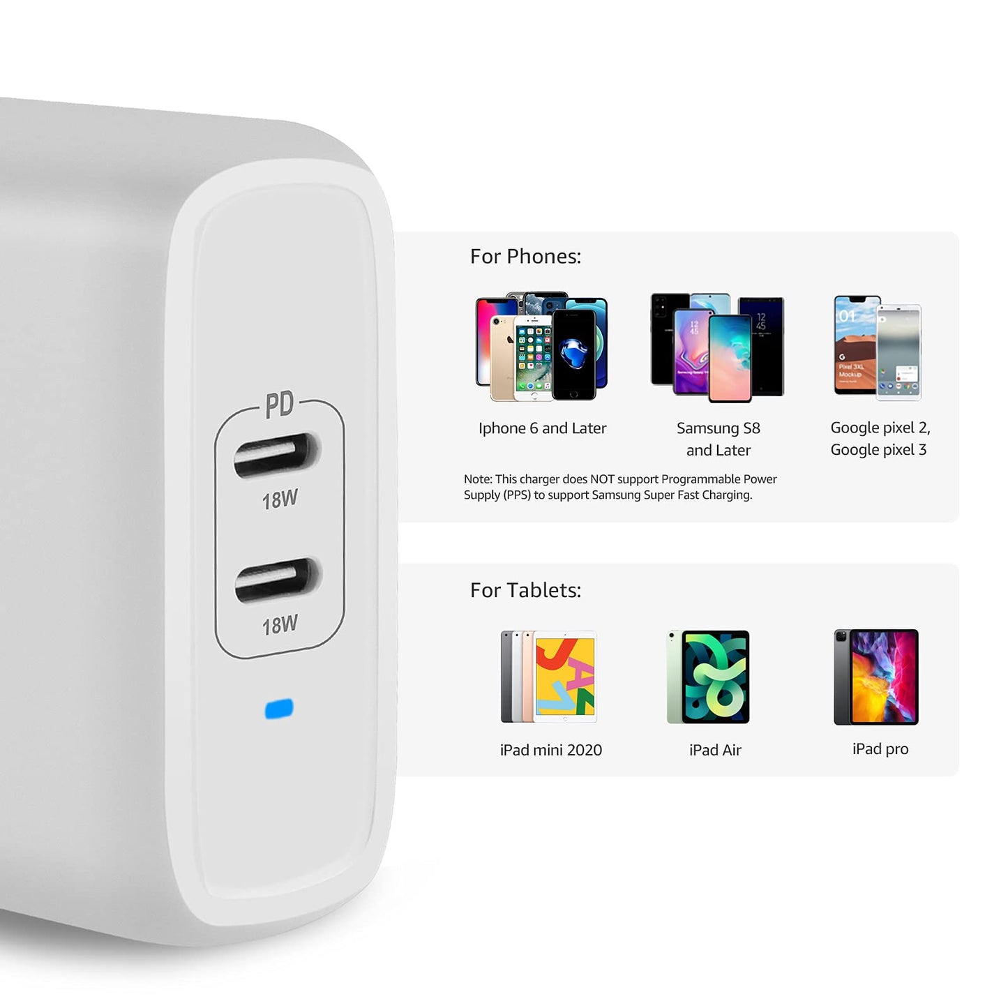 Amazon Basics 36W Dual Port USB-C Wall Charger with Power Delivery, Foldable Plug, for Tablets and Phones, Apple Watch, White, 2.34 x 1.09 x 2.21 in