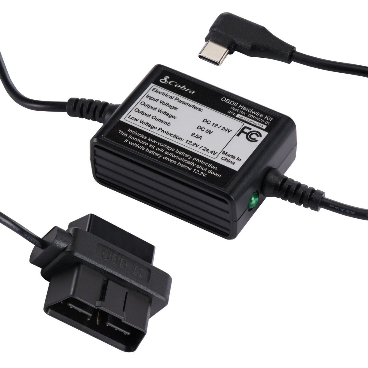 Cobra 2.5A DIY Hardwire Kit, OBDII to USB-C/Micro-USB with 15ft Cable