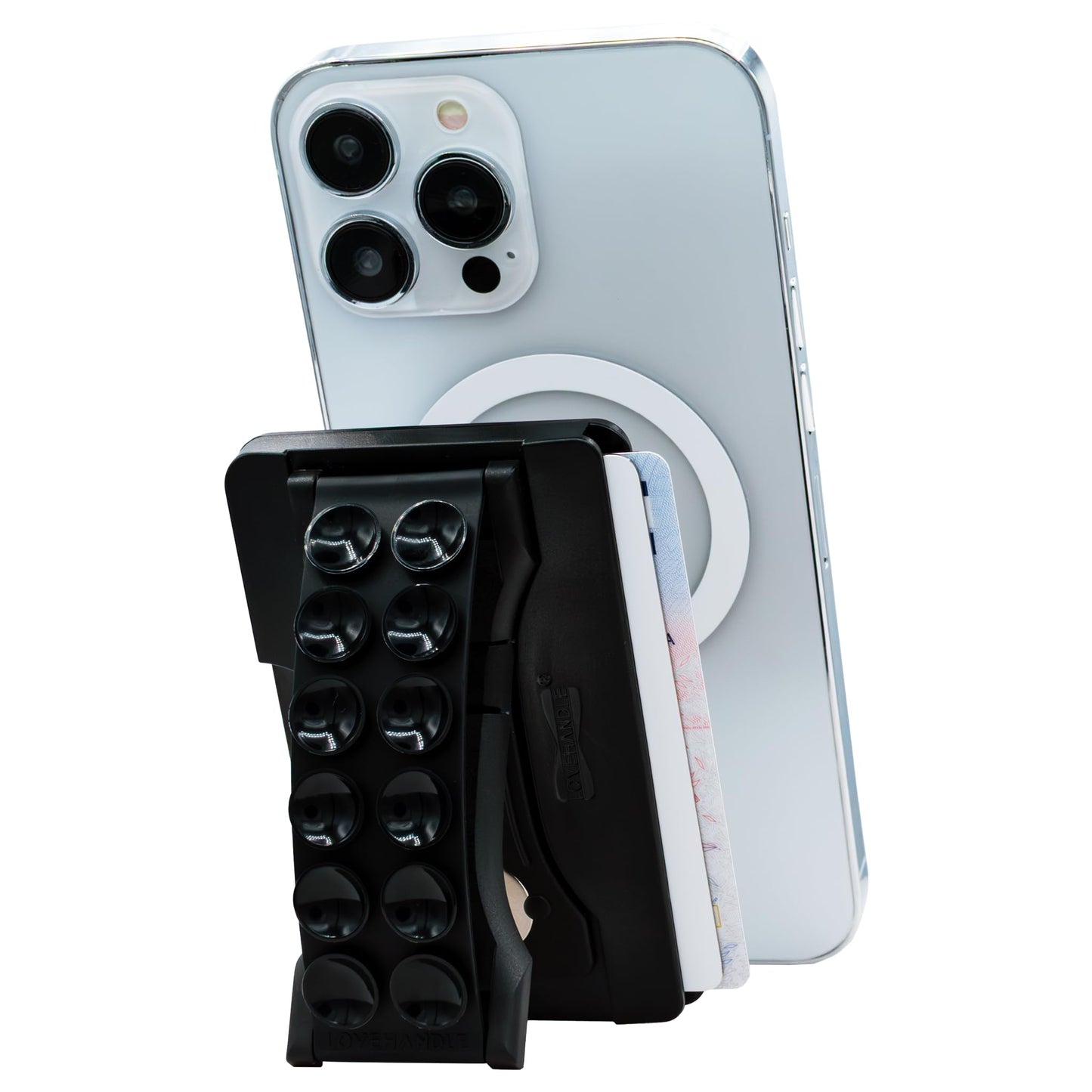 LOVEHANDLE Suction Phone Wallet with Kickstand and Adapter Ring for MagSafe - Magnetic Card Holder -Wireless Charging Compatible - Strong Suction Grip