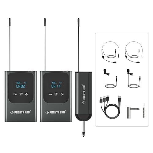 Phenyx Pro Dual Digital Wireless Microphone System, Portable Mini Receiver, 2x15 UHF Frequencies, 2 Bodypack Transmitters, Headset/Lapel Microphone