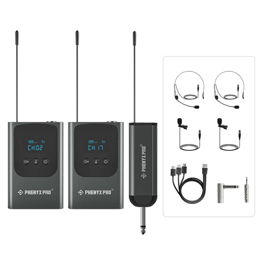 Phenyx Pro Dual Digital Wireless Microphone System, Portable Mini Receiver, 2x15 UHF Frequencies, 2 Bodypack Transmitters, Headset/Lapel Microphone