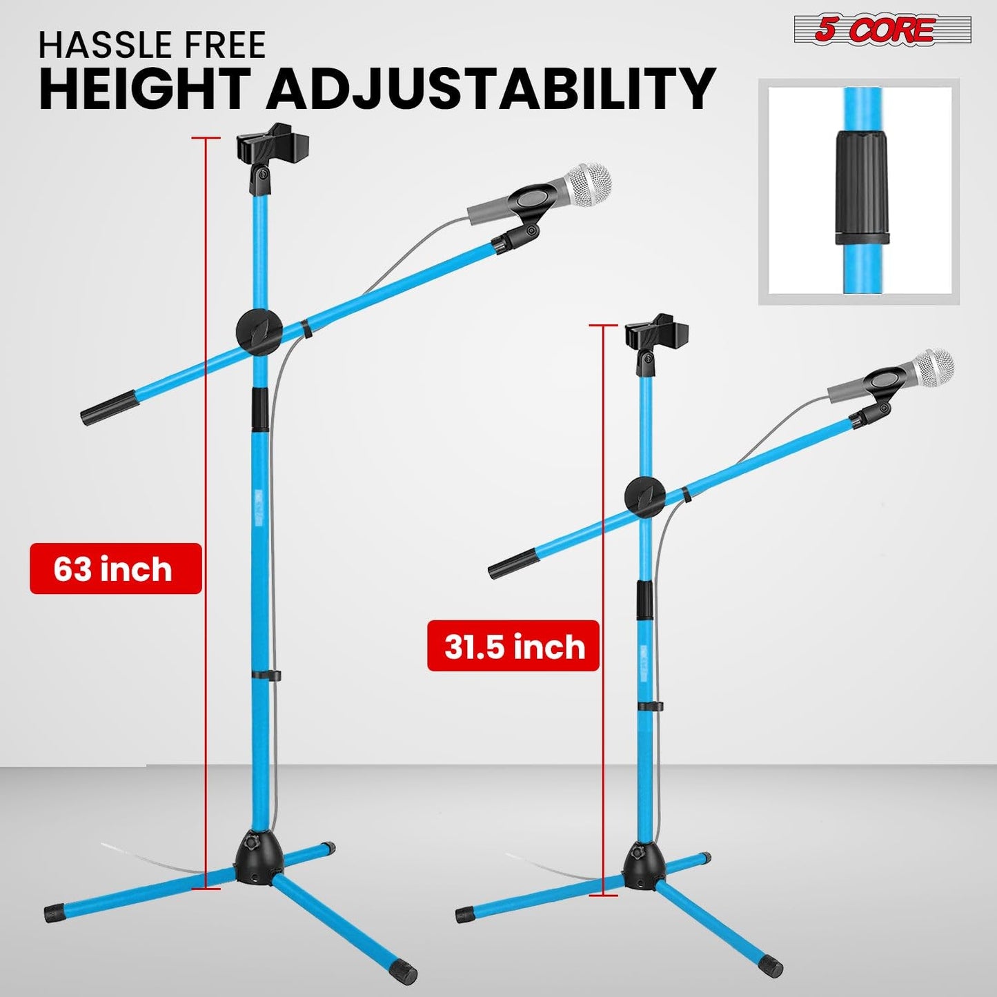5 Core Mic Stand Floor 2Pc Adjustable Dual Tripod Microphone Stands Holds 2 Mics w Extending Telescoping Boom Arm - MS DBL 2Pk (MS DBL G SKY BLU, 2