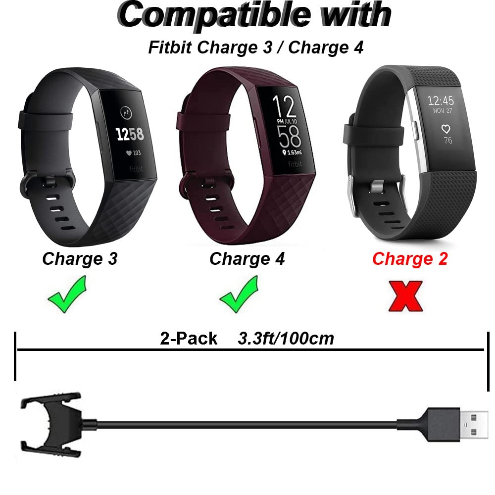 Charger for Fitbit Charge 3/4, Replacement USB Charging Cable Clip Cord for Fitbit Charge 3/4 Fitness Activity Tracker (2-Pack, 1m/3.3ft)